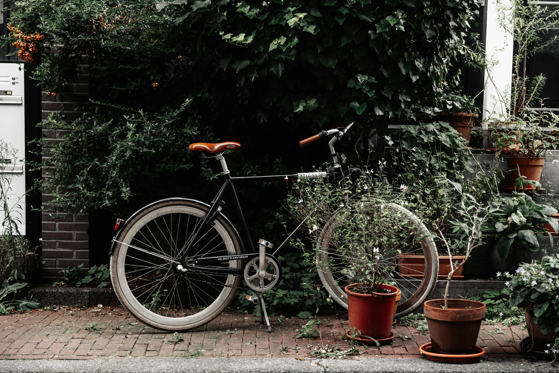 a bicycle parked outside with several flower pots and one tire