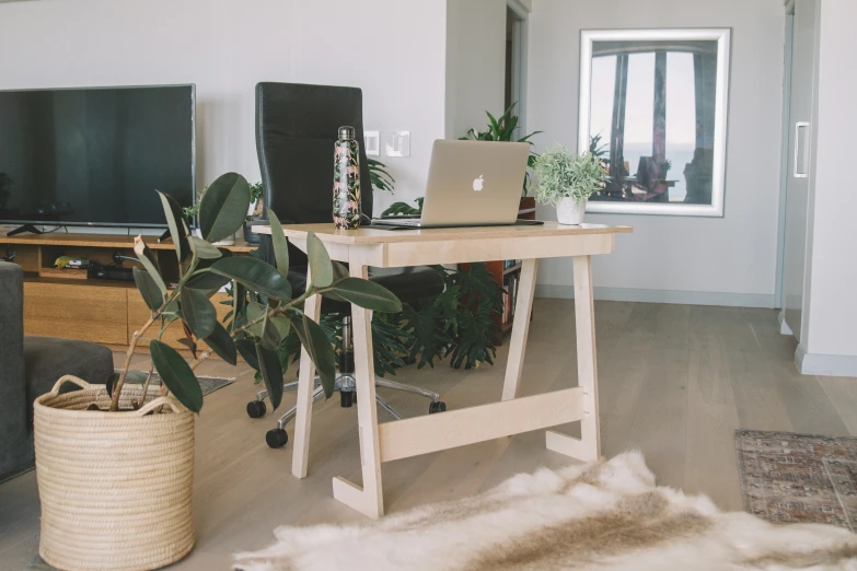 a laptop on a table with some plants and other decor