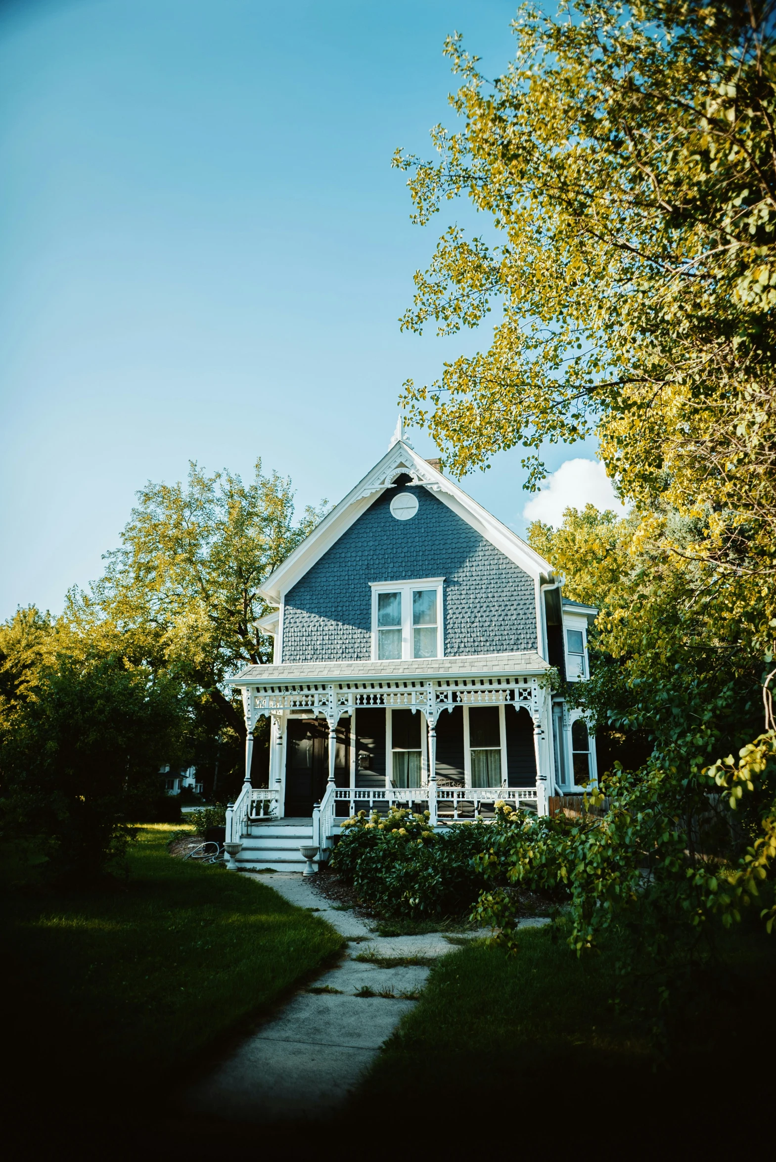 the blue house sits among the green trees and green grass