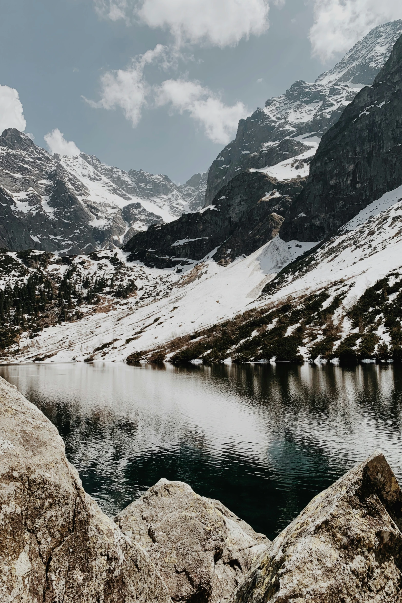 an image of a beautiful snowy mountains around the lake