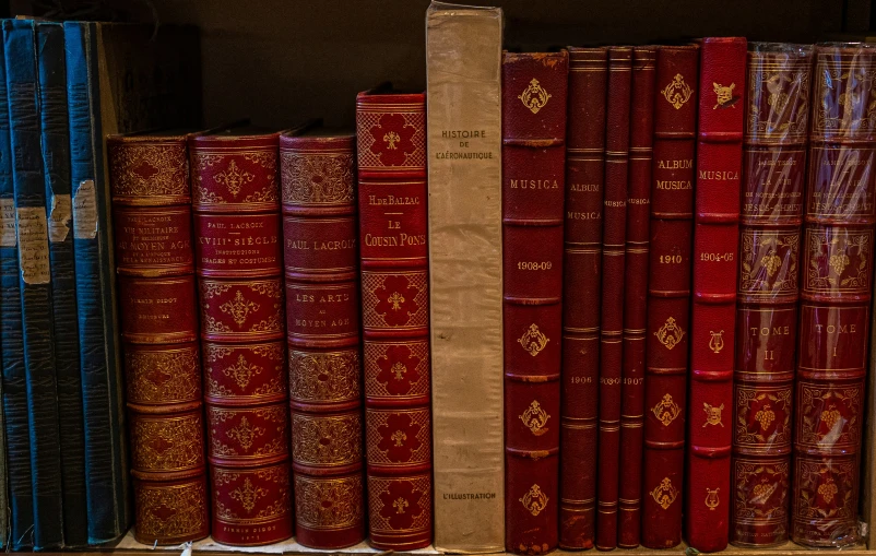 a large shelf with lots of old books on it