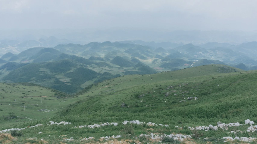 a lush green field next to tall mountains