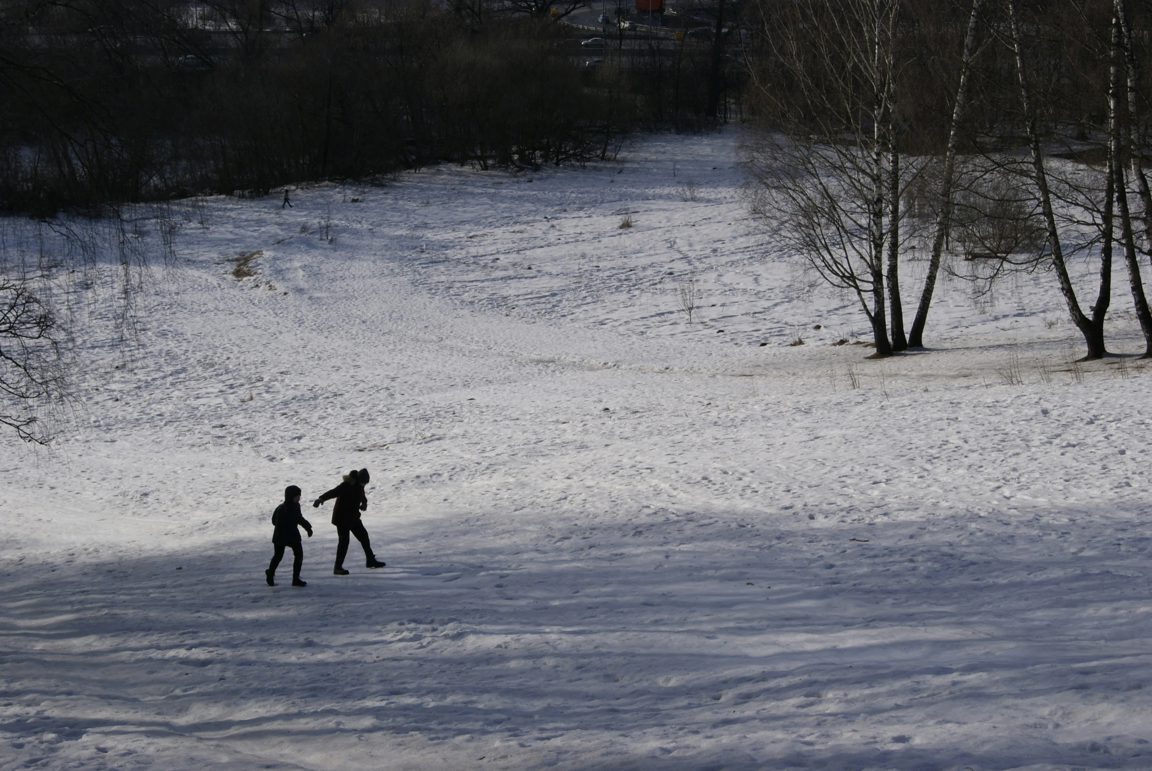 two people walking across snow covered ground