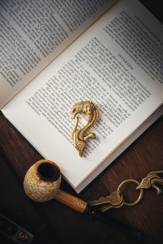 a book with an opened page and pipe resting on it