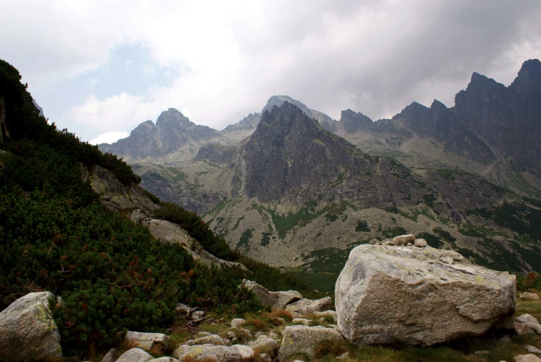 the mountains are majestic as one sheep stands on a rock