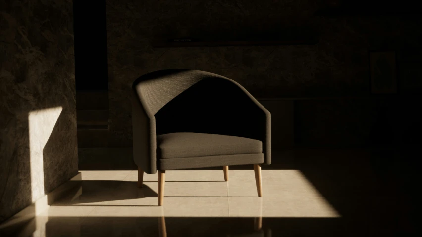 the lounge chair in this dark room is casting a shadow