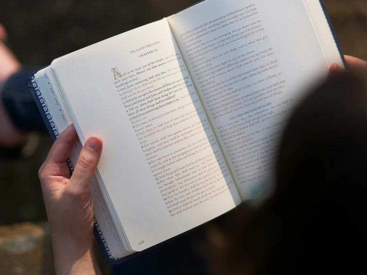 a person reading the book outdoors, with their hands holding it