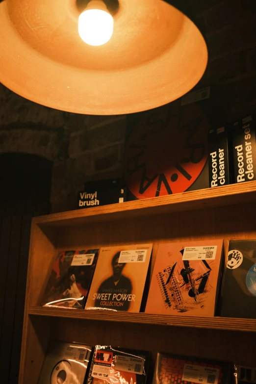 shelves displaying various books and a light fixture