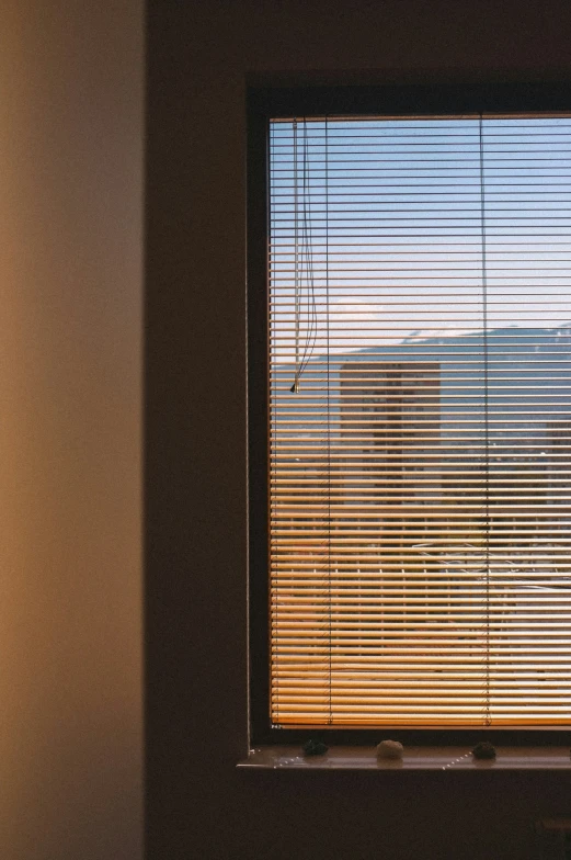 a window with wood blinds, with the sun shining through