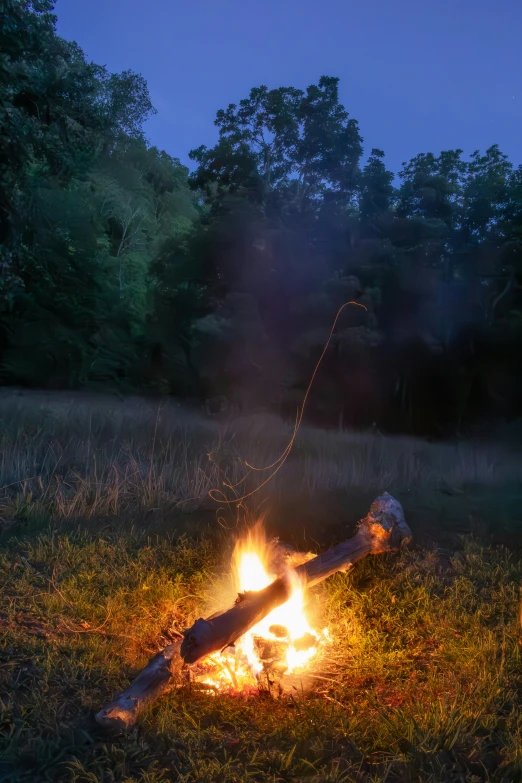 a bonfire burning in a field with trees in the background