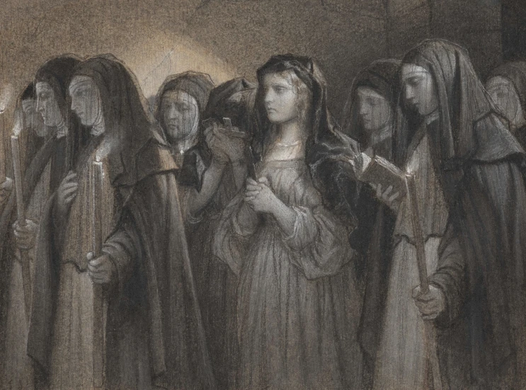 a pencil drawing of a woman with many people standing around her