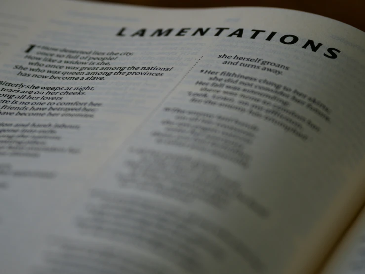 a closeup of a book that reads lamentations