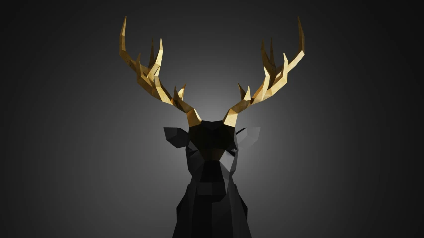 a black deer head with golden antlers on it