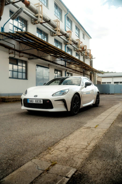 a white sports car parked in front of a building