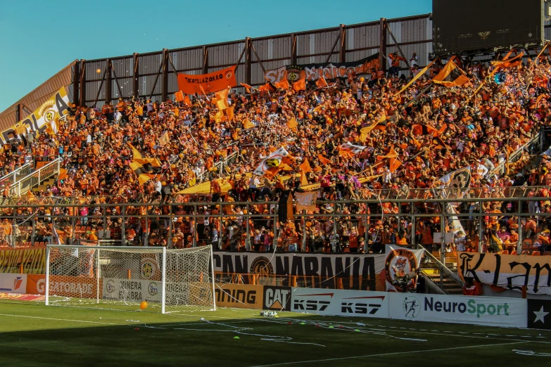 a large crowd of people sitting next to the sidelines at a soccer field