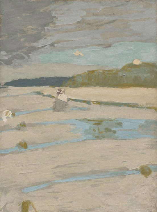 a painting depicting a landscape in shades of grey and green