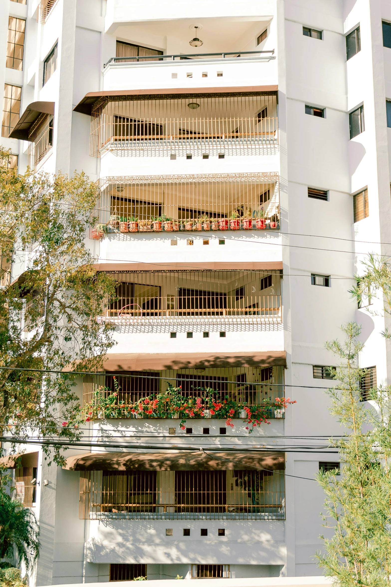 an apartment building with balconies and plants on each balconies