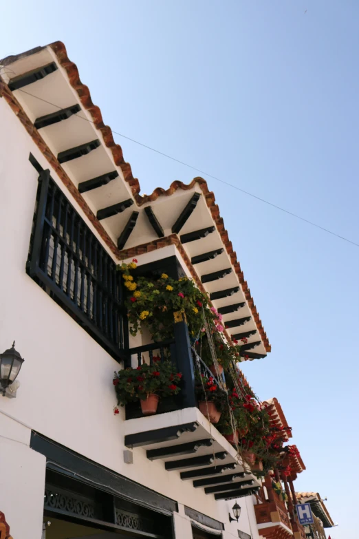 the flowers are hanging from a balcony above a doorway