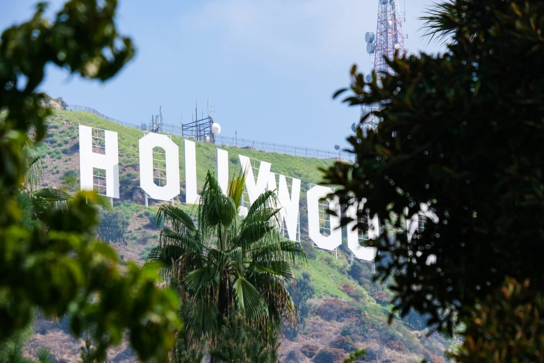 a tall sign is pictured at the top of a hill