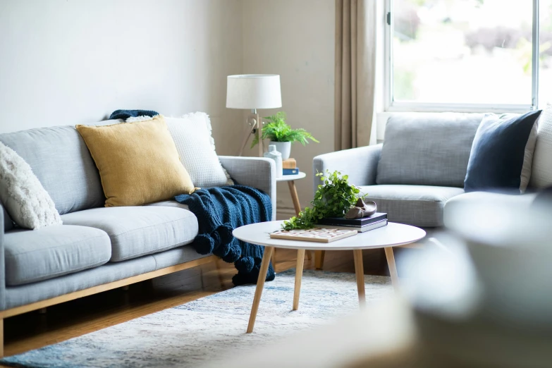 the couch is shown in the living room