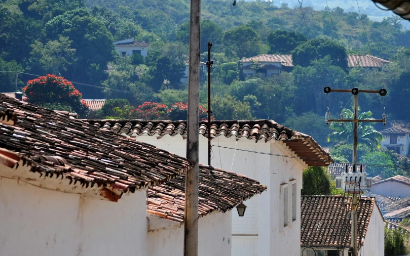 the village street is full of houses with mountains in the background