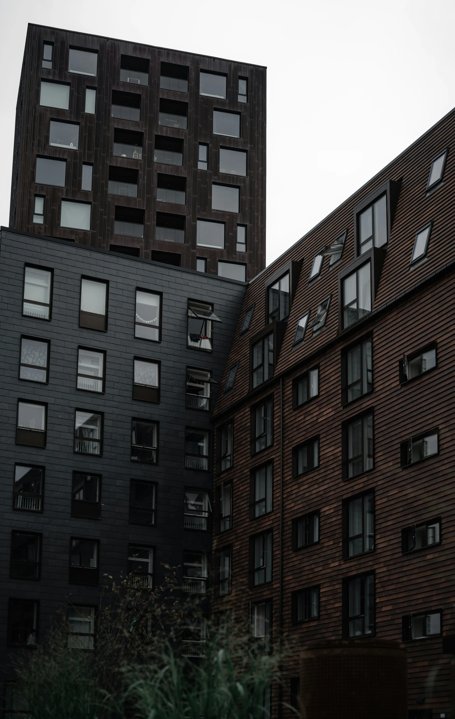 two buildings side by side with windows all along them