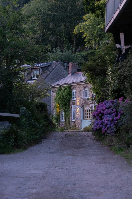 an old country house with purple flowers and trees