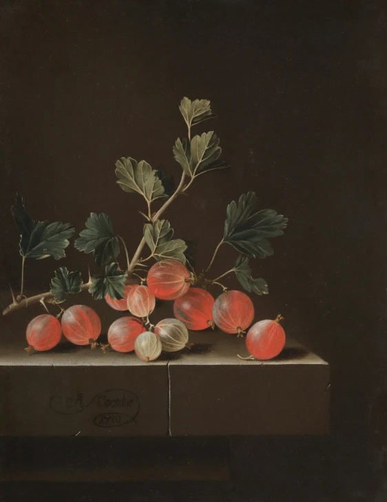 a painting of tomatoes and other fruit still on the table