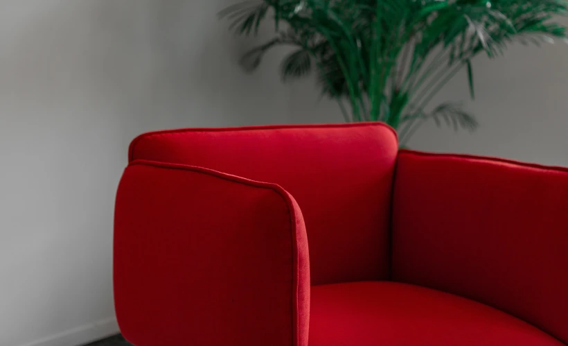 a close up of a red chair near a plant