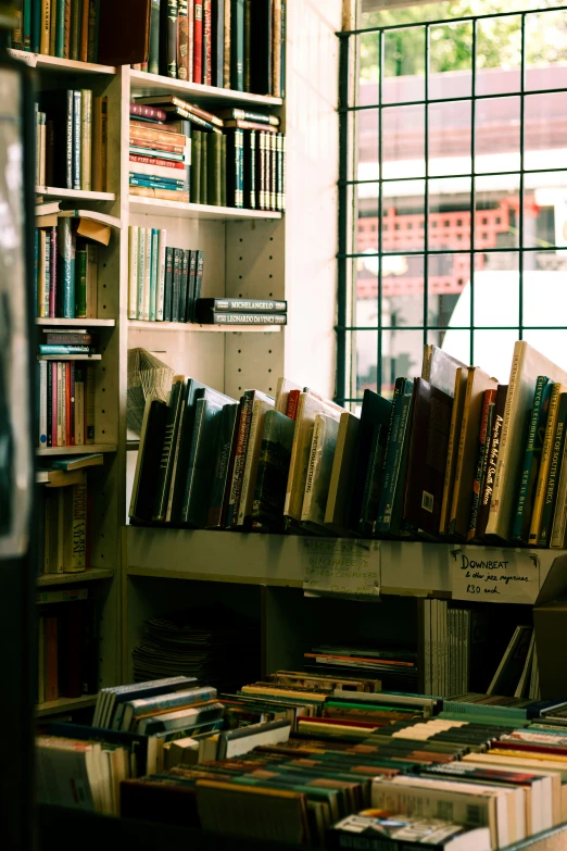 an assortment of books line the shelves in the liry