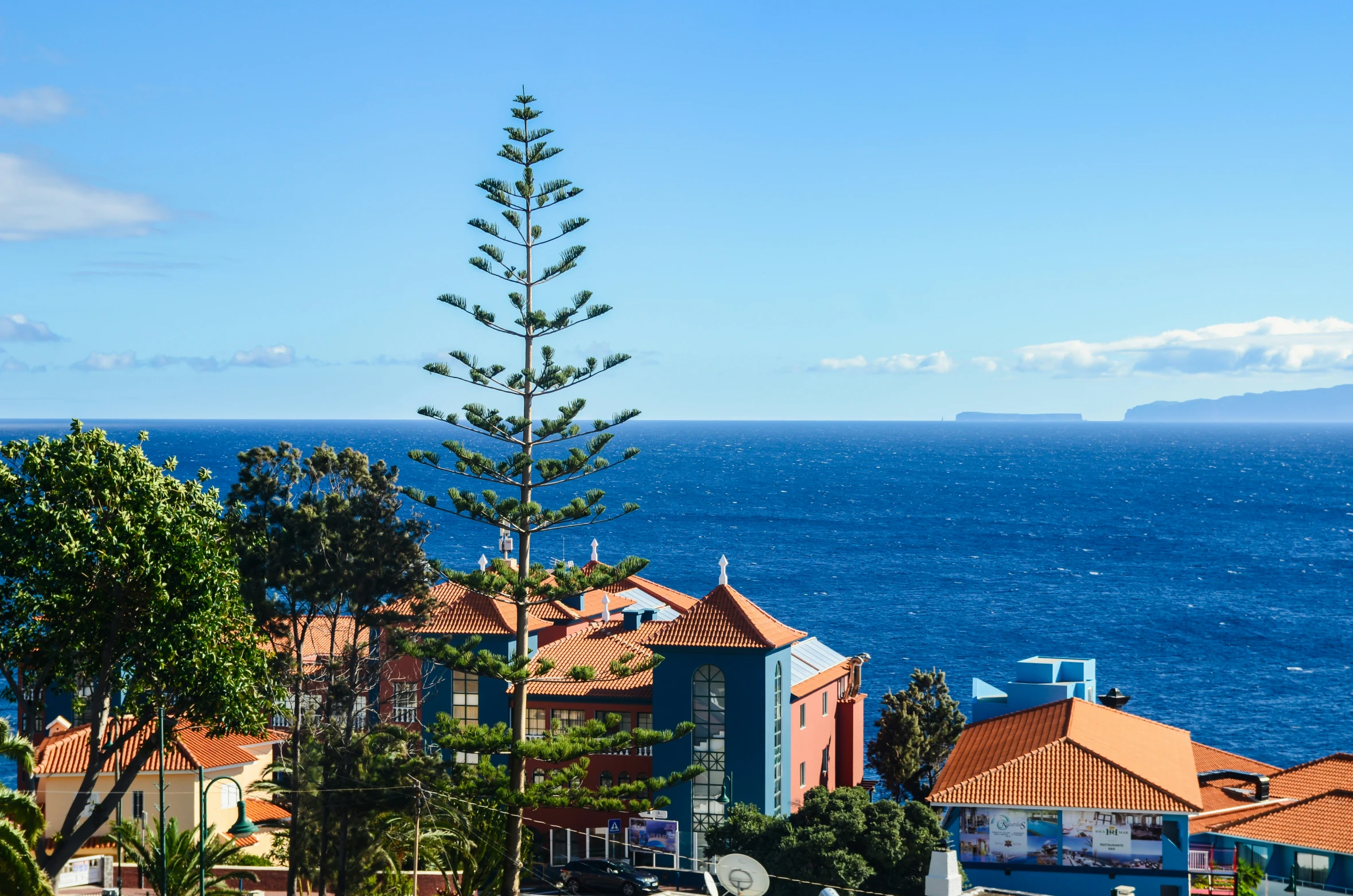 a view of a town with the ocean in the background