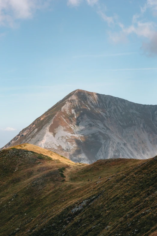 two white horses in the distance are grazing on a hill