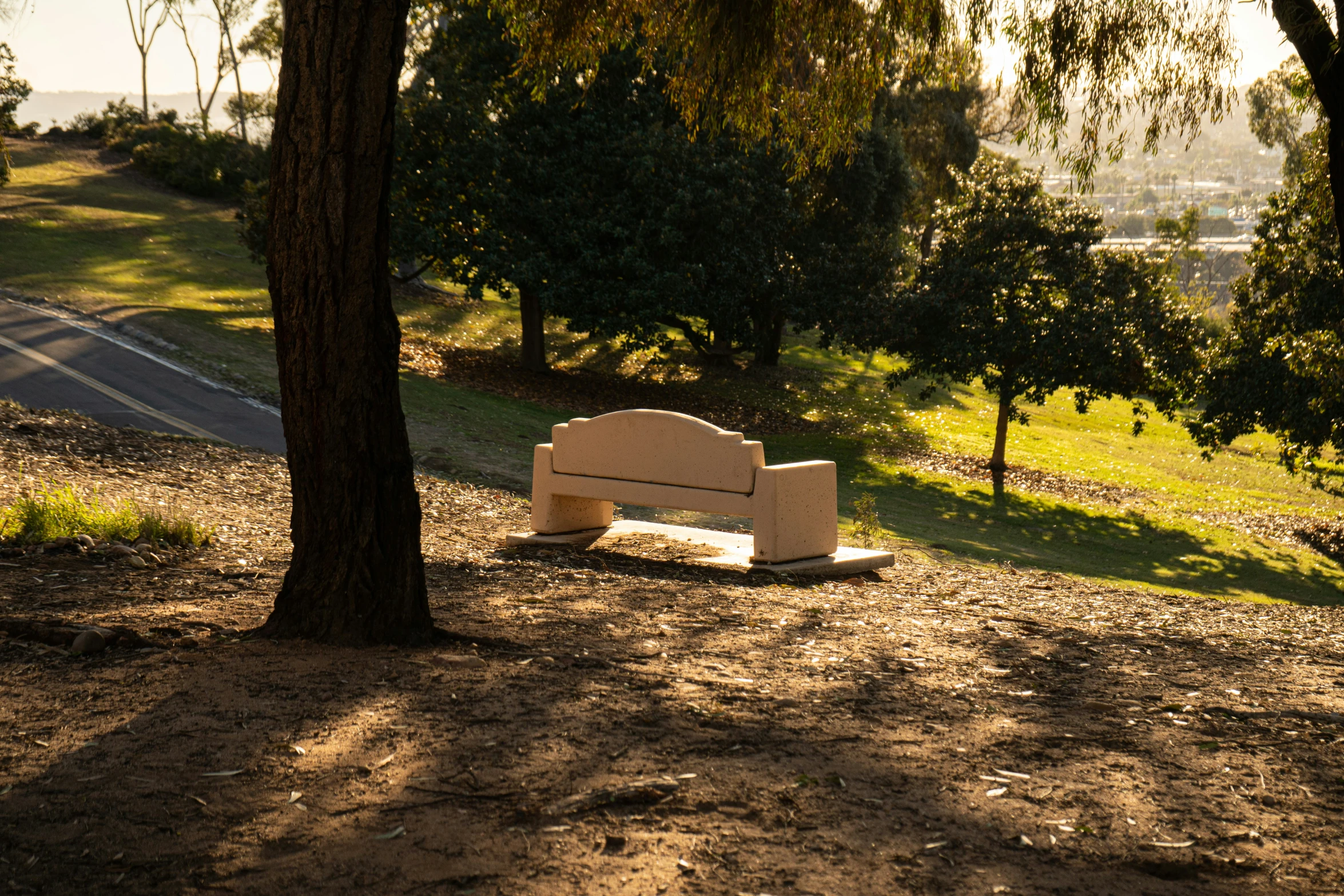 a park bench sitting on the side of a road