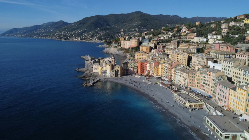 aerial view of a beach and village area in italy