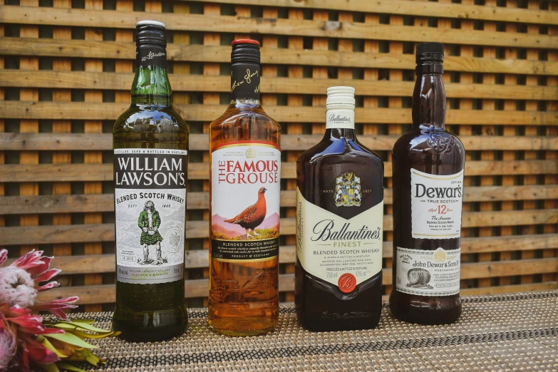 various types of alcoholic beverages sitting on a shelf