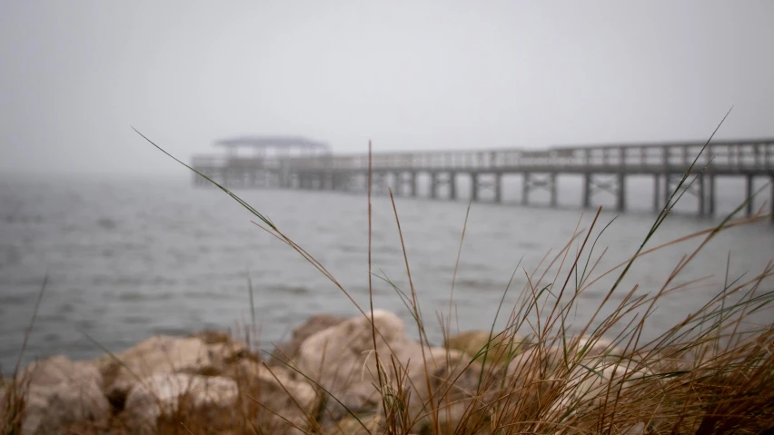 the foggy day by the lake is getting close to the pier