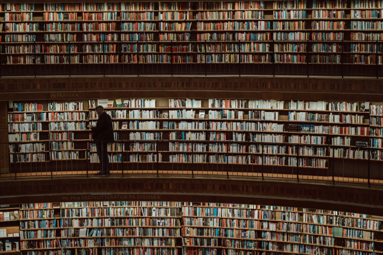 two people looking up at many bookshelves in the liry