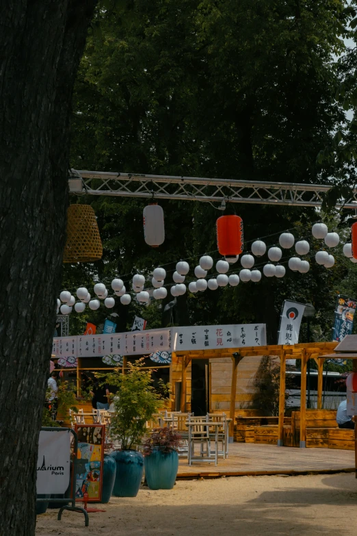 a po of some tables and chairs in a park