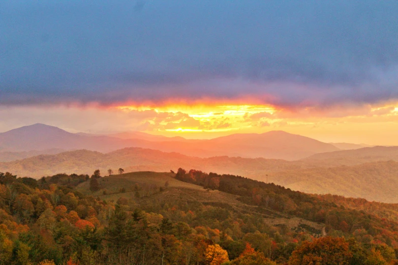 sunset at the top of a mountain surrounded by forest