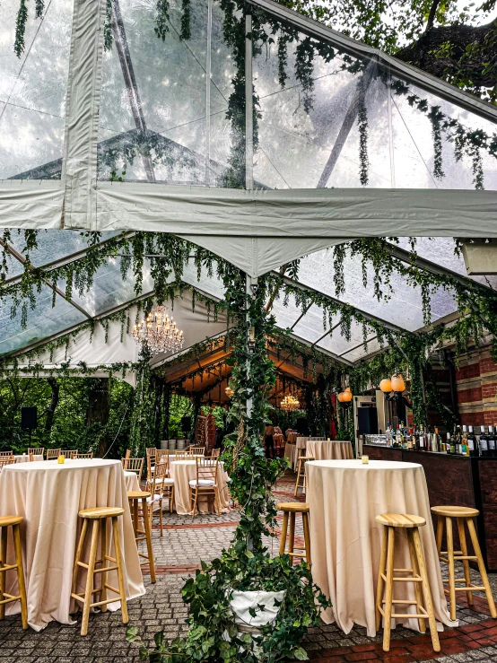 a wedding tent is decorated with hanging plants