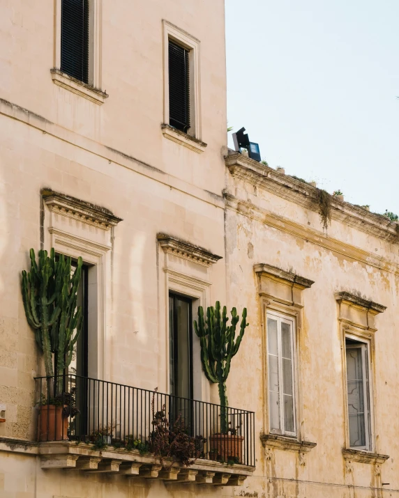 a balcony with cacti and potted plants on the top of it