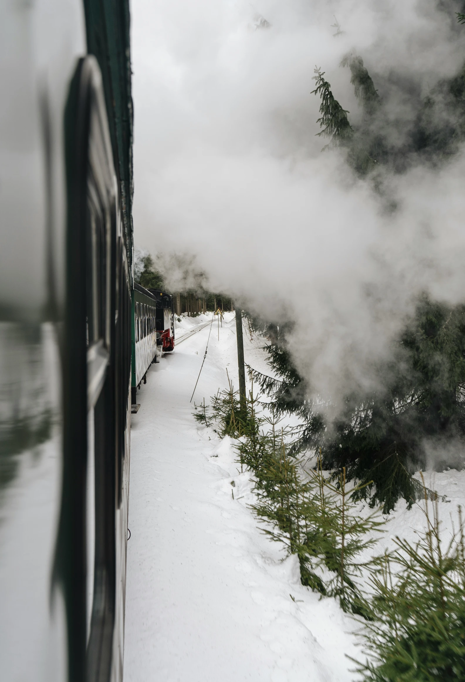 a train travels in the distance with a lot of steam coming out