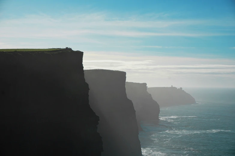 a cliff is next to the ocean on a clear day