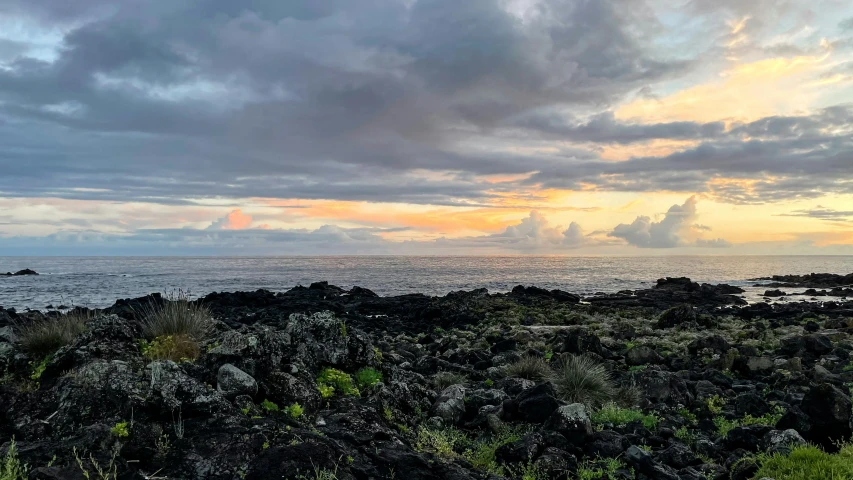 an ocean view with clouds and a surfboard