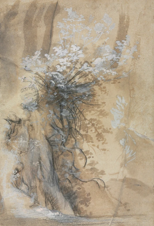 a painting is shown with flowers growing out of the ground