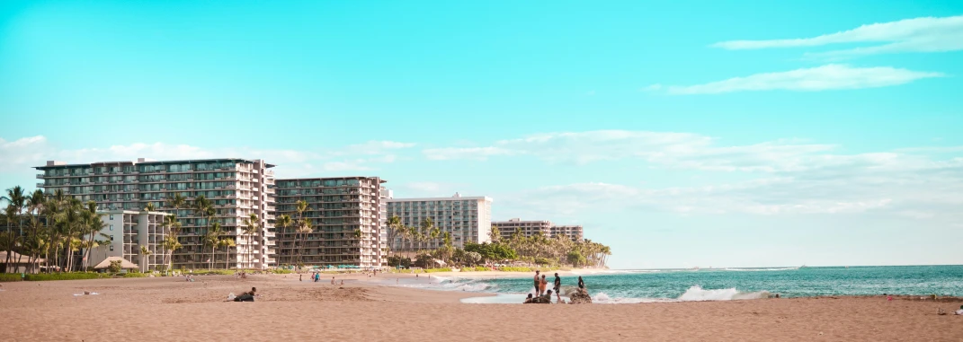 several people at a beach, one of which is surfing