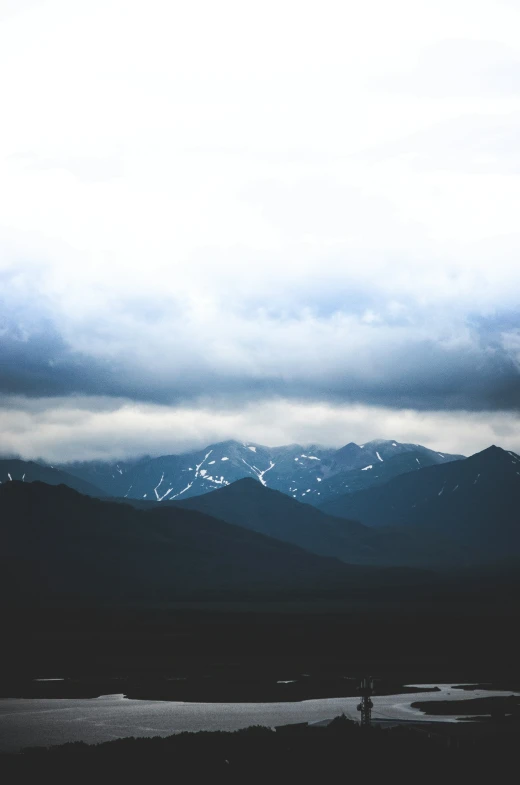 a lake surrounded by mountains under a cloudy sky