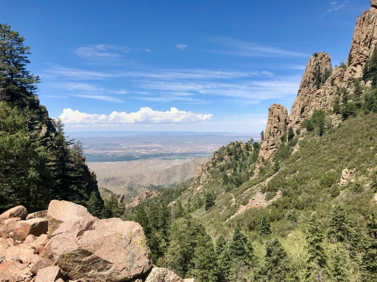 the rocky hills are surrounded by green trees