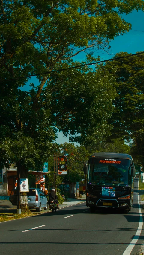 a street scene with a bus and a car