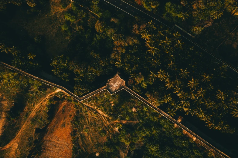 an aerial view of a dirt path and forest